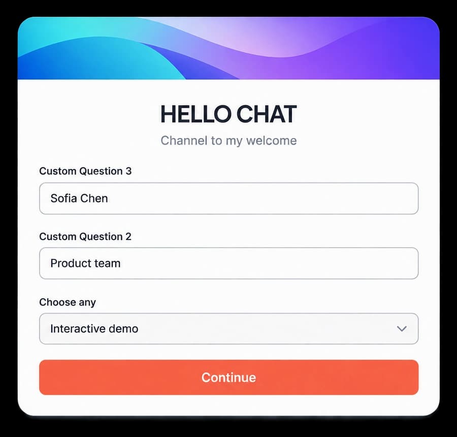 A branded HELLO CHAT form with completed visitor details and a custom cover.