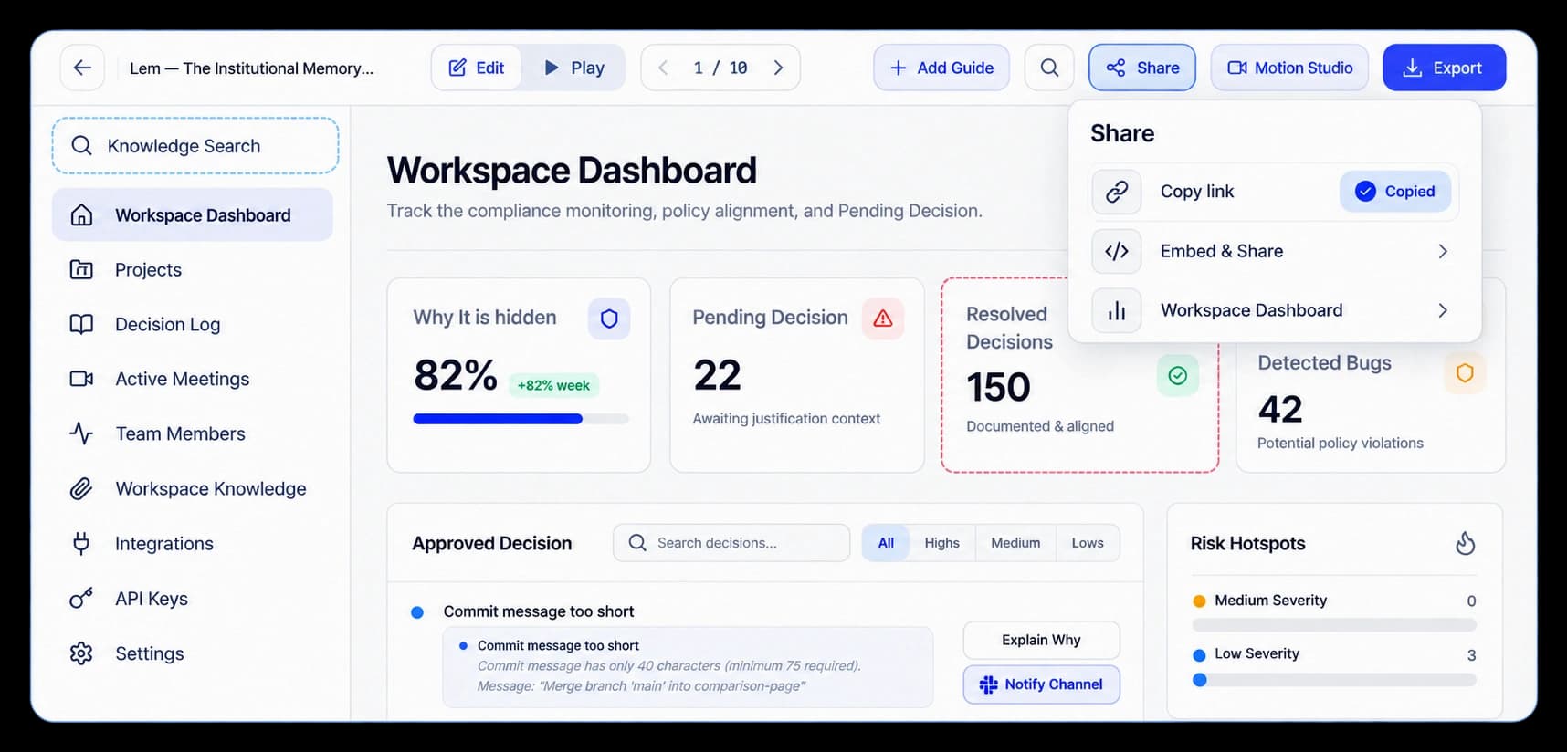A walkthrough share link connects to an embedded preview on a website page.