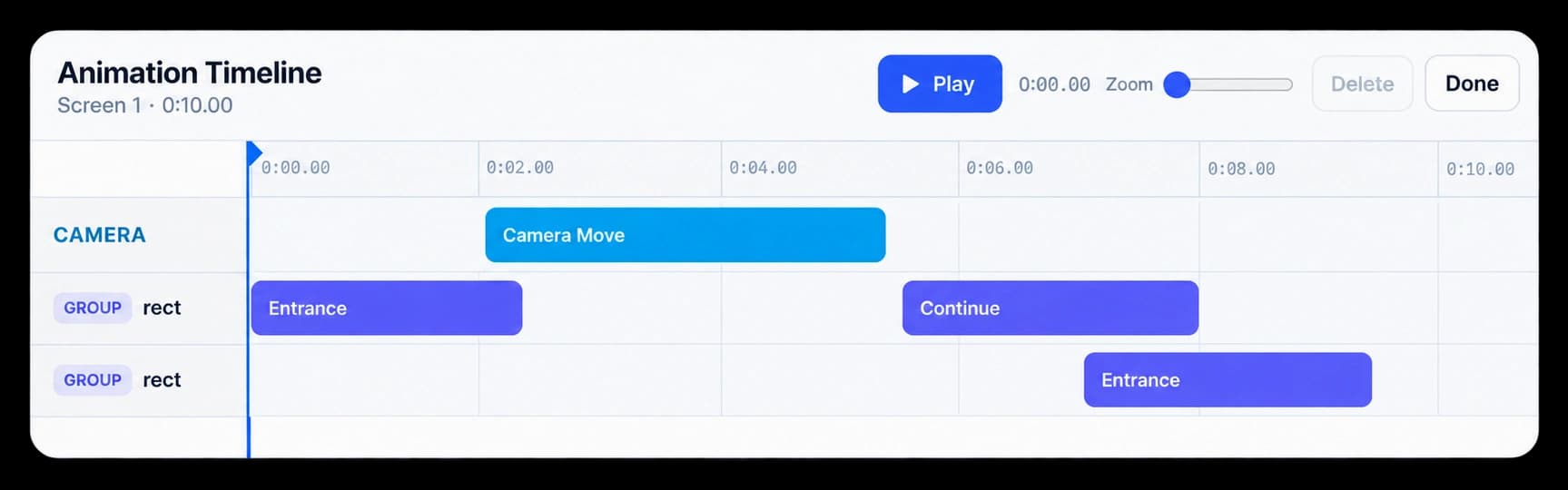 Motion Studio’s Animation Timeline with camera and animation clips across three tracks.