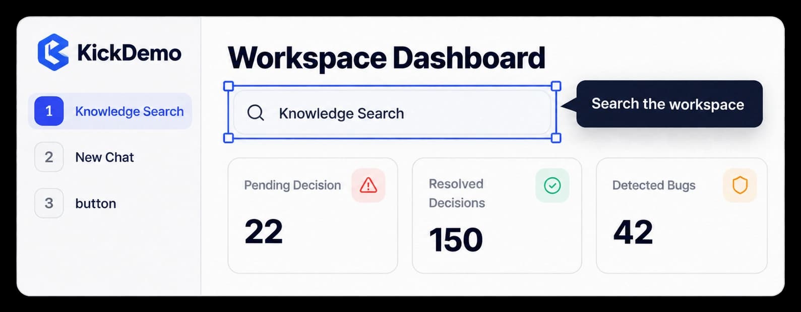 A selected Knowledge Search field in the KickDemo editor, ready for a guide to be placed.